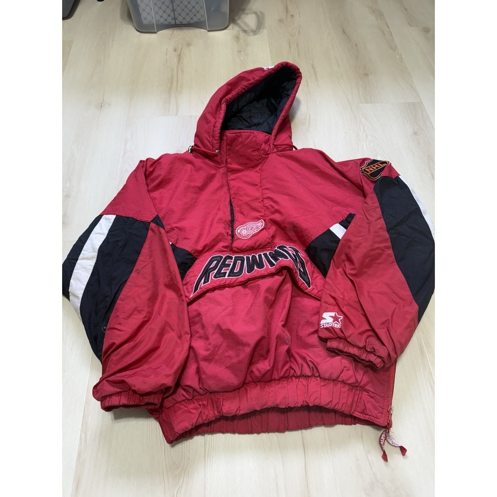 Detroit Red Wings Vintage Starter Pullover Puffer Jacket Mens Size L Quarter Zip